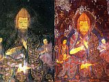 Tibet Guge 05 Tsaparang 04 Chapel Of The Prefect Atisha The main painting on the back wall of the Chapel of the Prefect shows Shakyamuni flanked by Tsongkhapa on the left and Atisha on the right, both wearing the typical Gelugpa headdresses. Here is the painting of Atisha showing its initial state and after it has been cleaned. Atisha (982-1054 AD) was a great Indian Buddhist Master who came to Tibet 1042 and revived the teachings of Buddhism and purified them from misunderstandings. Older photo: Weyer/Aschoff: Tsaparang, Tibets Grosses Geheimnis (1986), newer photo: Aschoff: Tsaparang - K�nigsstadt in Westtibet (1997).
